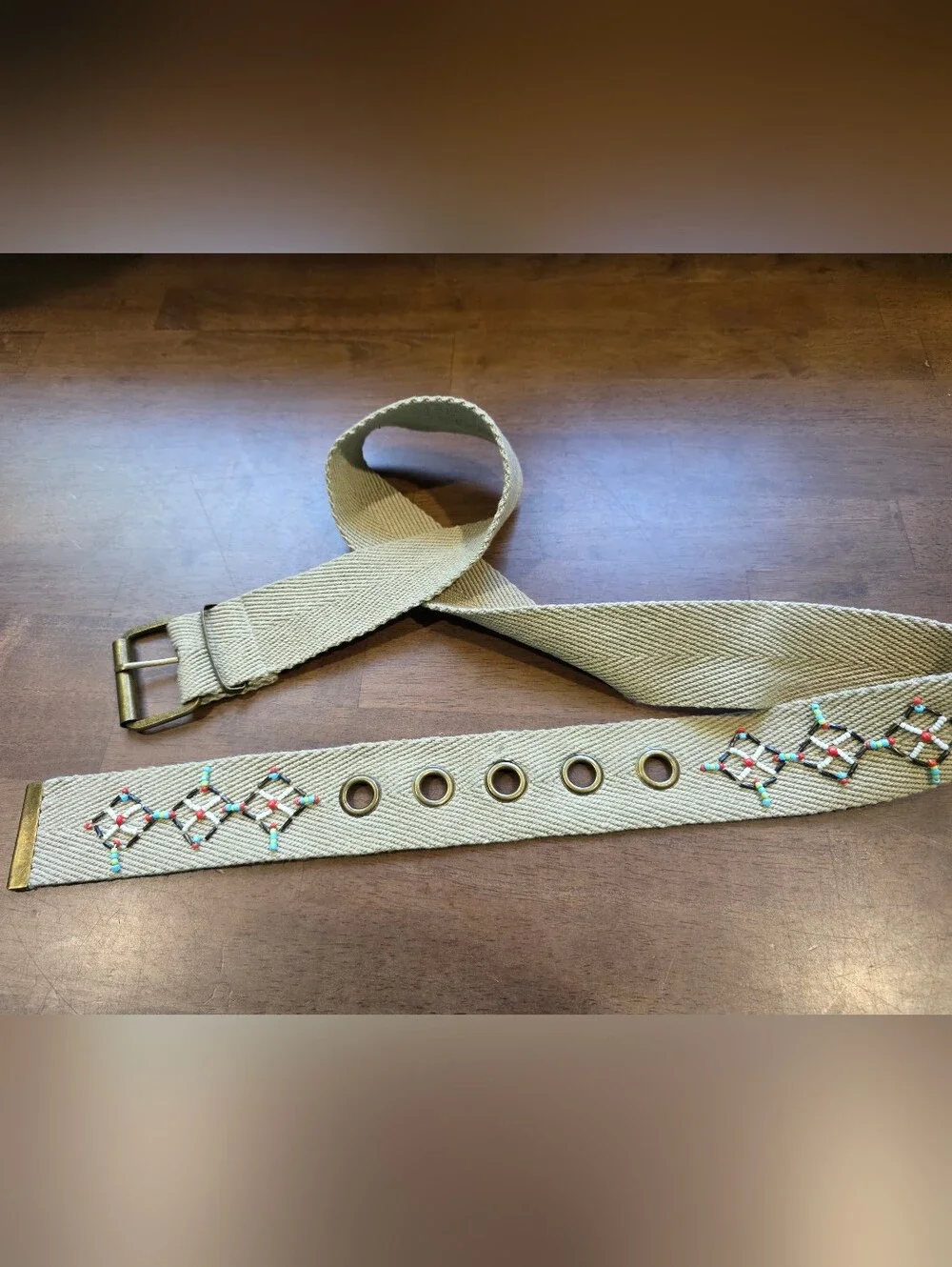 Embroidered Ivory Woven Belt with Brass Hardware Size 13